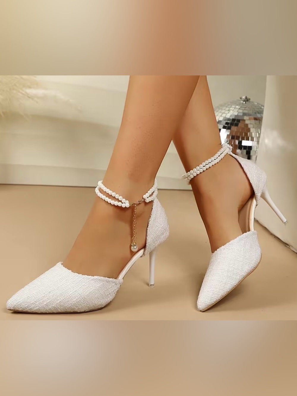 Elegant White Pearl Ankle-Strap Stiletto Pumps
